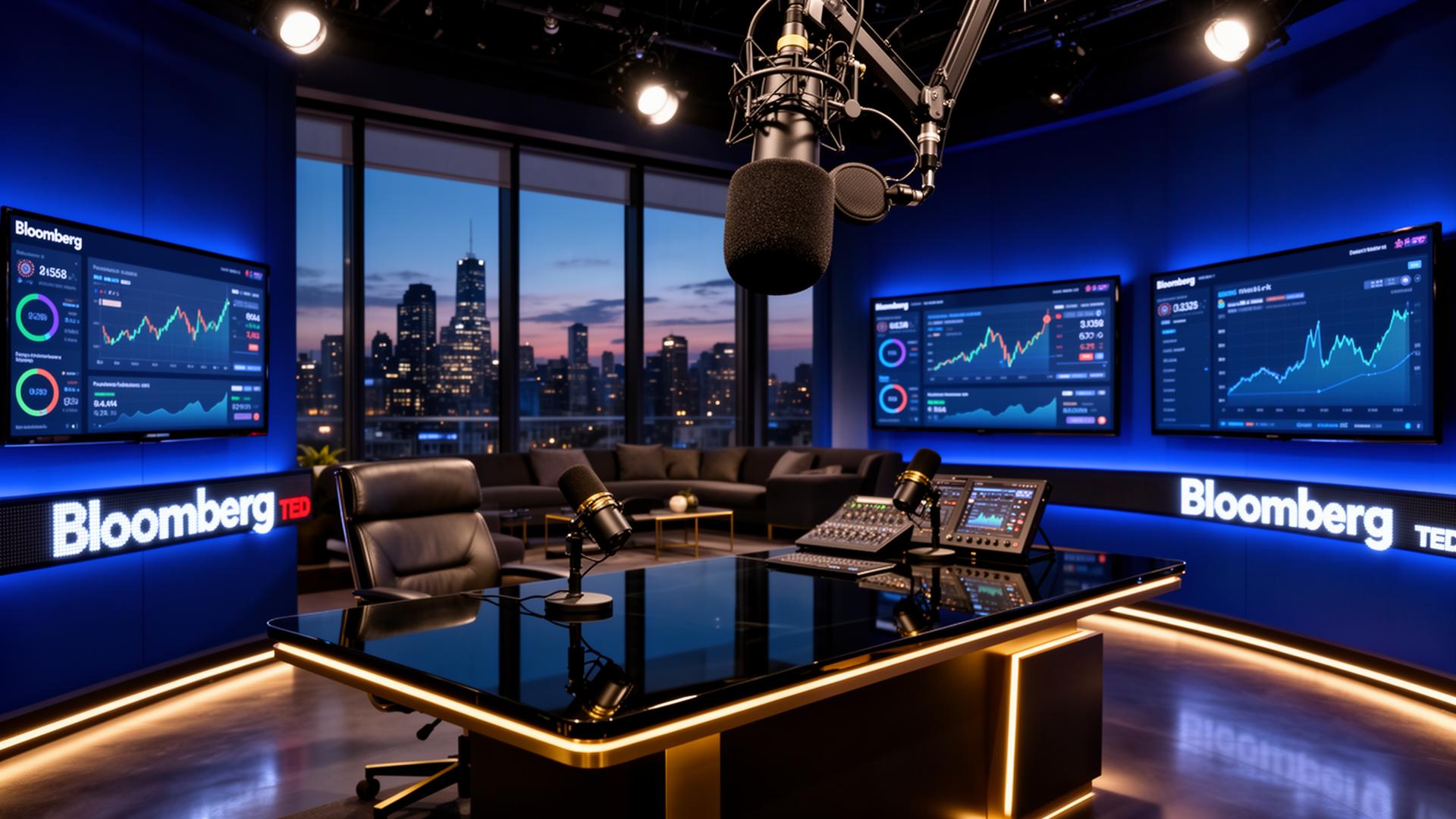 Joyy's House podcast studio: suspended broadcast microphone over an executive desk, founder dashboards, blue ambient lighting, city skyline